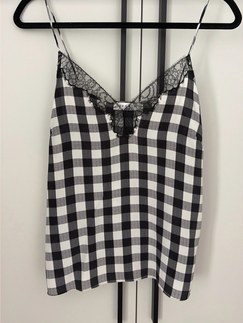 SANDRO Black and White SILK Gingham Lace Trim Cami